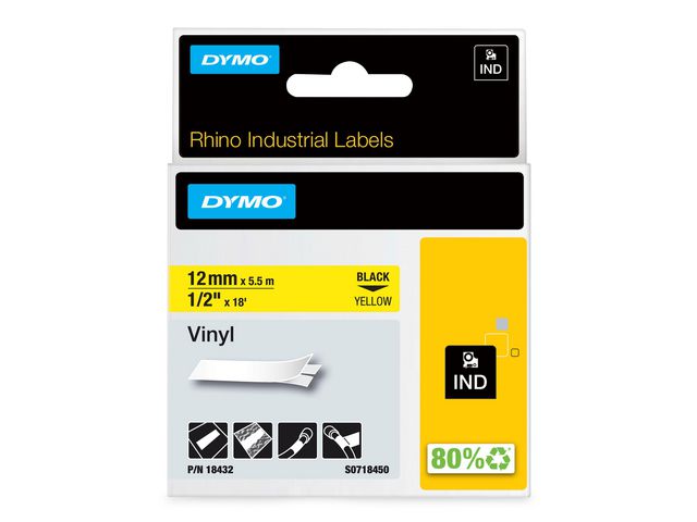 Tape Rhino vinyl 12mm svart på gul