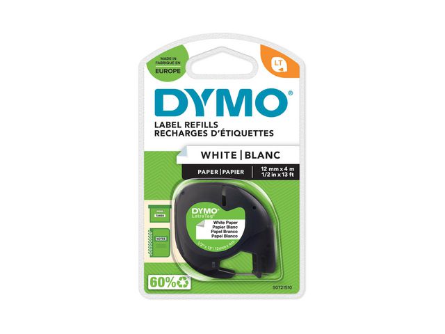 Tape LetraTag papper 12mm svart på vit